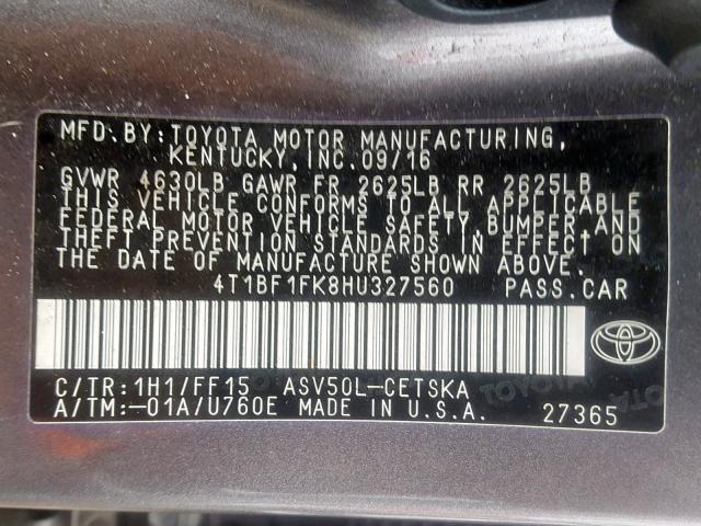 4T1BF1FK8HU327560 - 2017 TOYOTA CAMRY LE GRAY photo 10