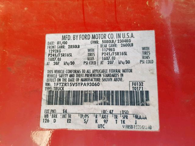 1FTZR15V5YPA93060 - 2000 FORD RANGER SUP RED photo 10