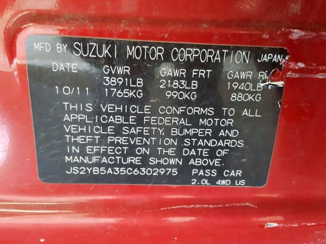 JS2YB5A35C6302975 - 2012 SUZUKI SX4 RED photo 10