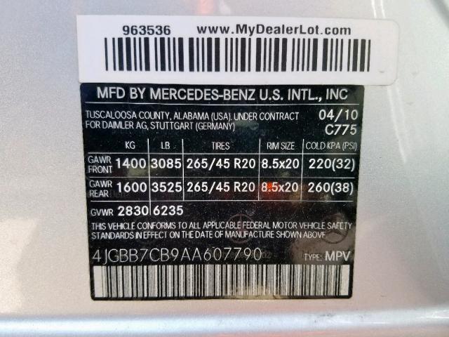 4JGBB7CB9AA607790 - 2010 MERCEDES-BENZ ML 550 4MA SILVER photo 10