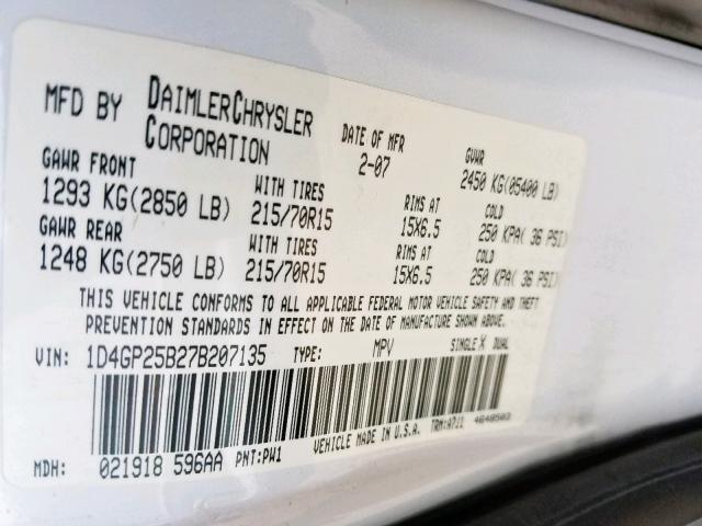 1D4GP25B27B207135 - 2007 DODGE CARAVAN SE WHITE photo 10