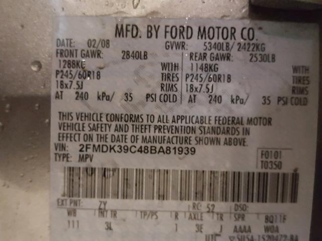 2FMDK39C48BA81939 - 2008 FORD EDGE LIMIT SILVER photo 10