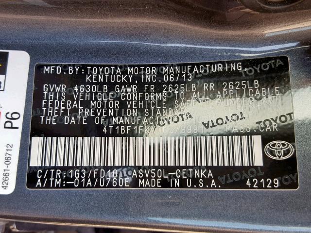 4T1BF1FKXDU279991 - 2013 TOYOTA CAMRY L GRAY photo 10