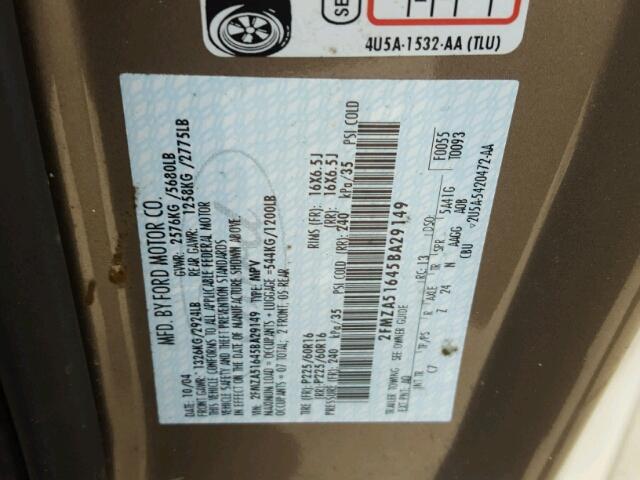 2FMZA51645BA29149 - 2005 FORD FREESTAR S BROWN photo 10