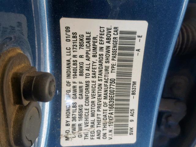 19XFA16639E007750 - 2009 HONDA CIVIC LX-S Mavi foto 10