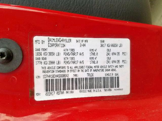 1D7HA18DX4S660642 - 2004 DODGE RAM 1500 S RED photo 10