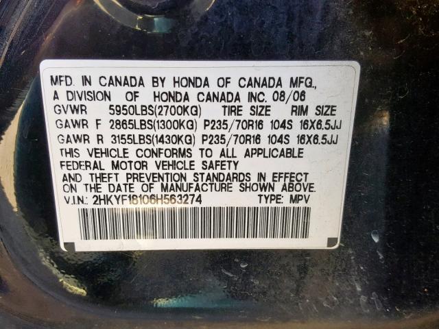 2HKYF18106H563274 - 2006 HONDA PILOT LX BLACK photo 10