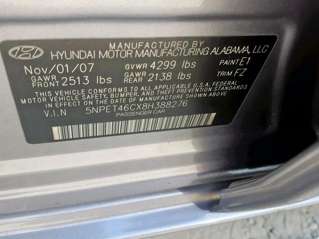 5NPET46CX8H388276 - 2008 HYUNDAI SONATA GLS GRAY photo 10