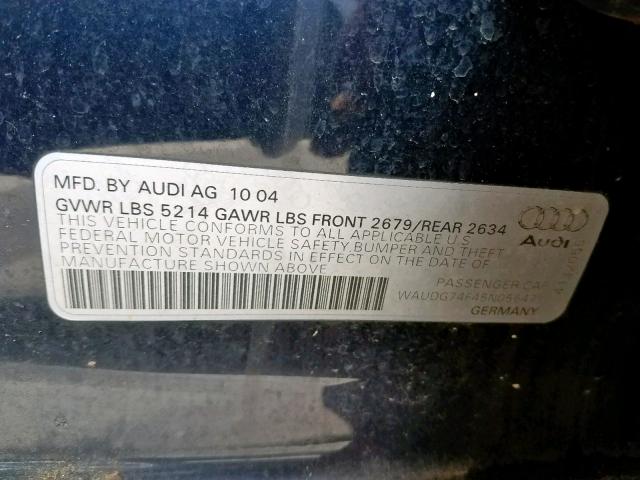 WAUDG74F45N056471 - 2005 AUDI A6 3.2 QUA BLUE photo 10