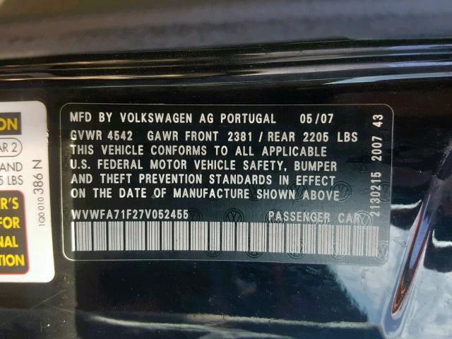 WVWFA71F27V052455 - 2007 VOLKSWAGEN EOS 2.0T L BLACK photo 10