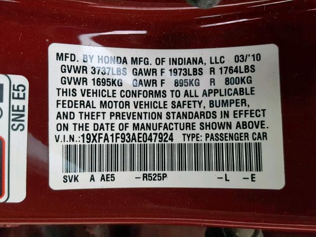 19XFA1F93AE047924 - 2010 HONDA CIVIC EXL 红色 照片 10