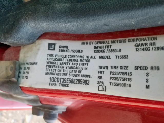 1GCDT39E588205903 - 2008 CHEVROLET COLORADO L RED photo 10