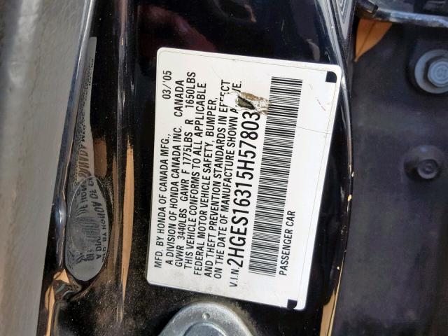 2HGES16315H578037 - 2005 HONDA CIVIC DX V BLACK photo 10