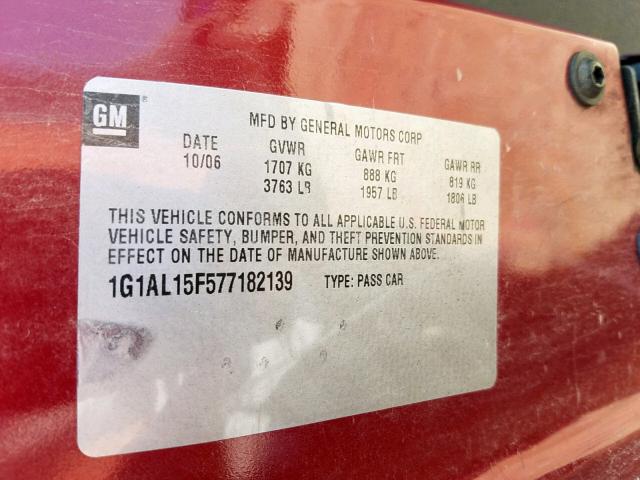 1G1AL15F577182139 - 2007 CHEVROLET COBALT LT BURGUNDY photo 10