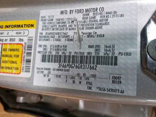 3FA6P0G76GR317662 - 2016 FORD FUSION S SILVER photo 10