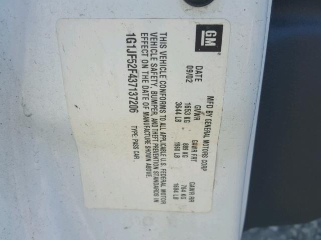 1G1JF52F437137206 - 2003 CHEVROLET CAVALIER L WHITE photo 10