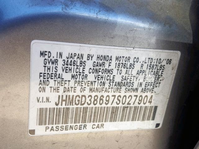 JHMGD38697S027904 - 2007 HONDA FIT S SILVER photo 10