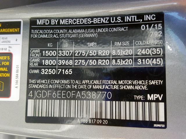 4JGDF6EE0FA538770 - 2015 MERCEDES-BENZ GL 450 4MA GRAY photo 10