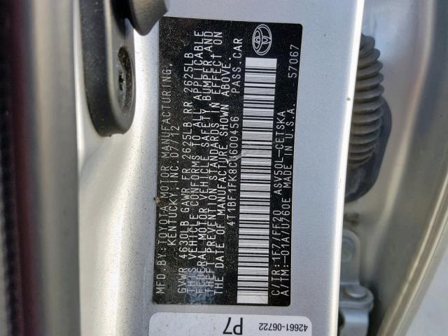 4T1BF1FK8CU600456 - 2012 TOYOTA CAMRY BASE SILVER photo 10
