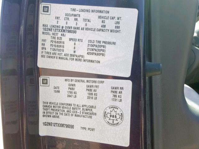 1G2NE12TXXM796090 - 1999 PONTIAC GRAND AM S PURPLE photo 10