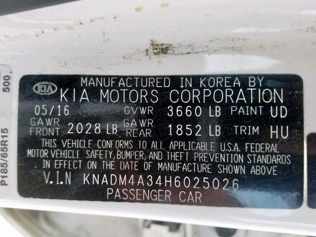 KNADM4A34H6025026 - 2017 KIA RIO LX WHITE photo 10