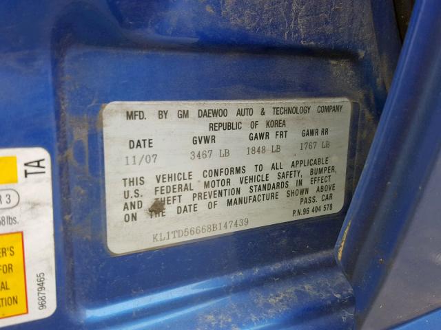 KL1TD56668B147439 - 2008 CHEVROLET AVEO BASE Көк фото 10