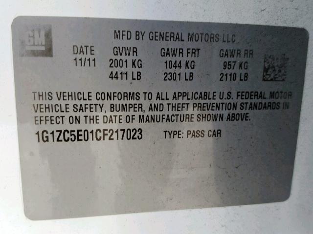 1G1ZC5E01CF217023 - 2012 CHEVROLET MALIBU 1LT WHITE photo 10