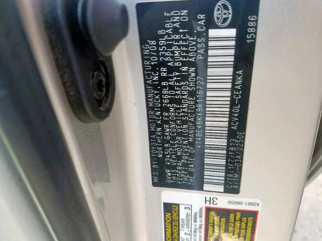 4T4BE46KX9R116727 - 2009 TOYOTA CAMRY BASE SILVER photo 10