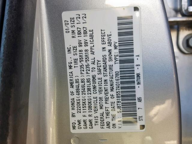 5J8TB18557A016780 - 2007 ACURA RDX TECHNO SILVER photo 10