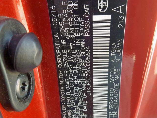 JTKJF5C72GJ025634 - 2016 TOYOTA SCION TC წითელი ფოტო 10