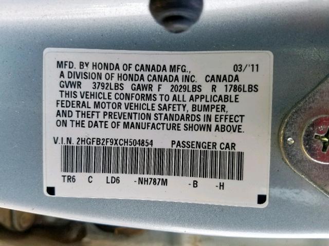 2HGFB2F9XCH504854 - 2012 HONDA CIVIC EXL 青绿色 照片 10