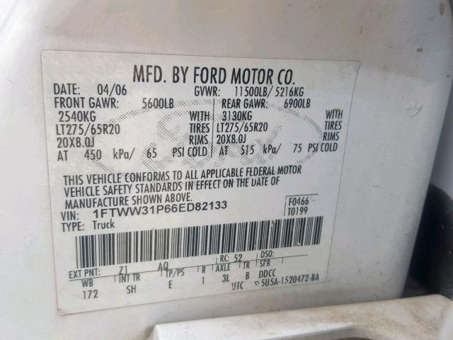 1FTWW31P66ED82133 - 2006 FORD F350 SRW S WHITE photo 10