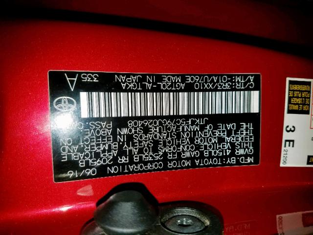 JTKJF5C79GJ026408 - 2016 TOYOTA SCION TC წითელი ფოტო 10