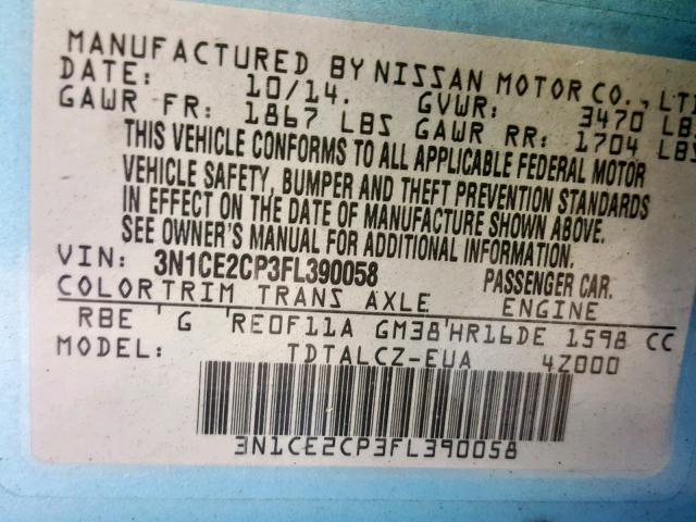 3N1CE2CP3FL390058 - 2015 NISSAN VERSA NOTE BLUE photo 10