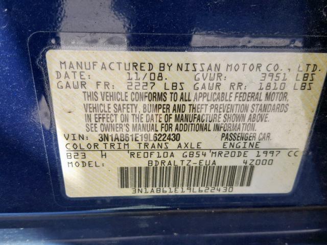 3N1AB61E19L622430 - 2009 NISSAN SENTRA 2.0 BLUE photo 10