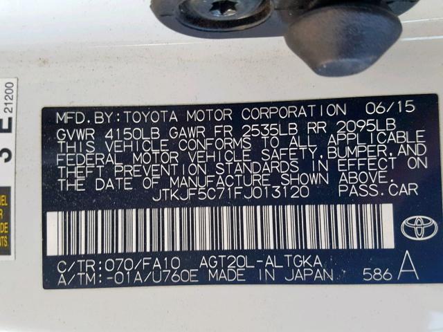 JTKJF5C71FJ013120 - 2015 TOYOTA SCION TC თეთრი ფოტო 10