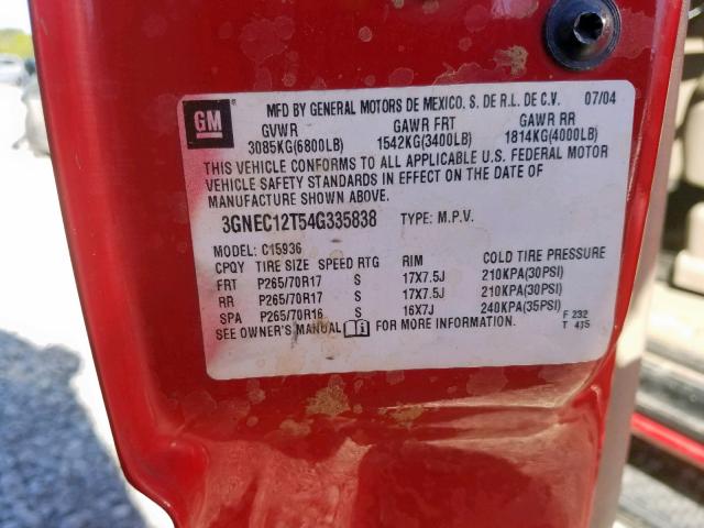 3GNEC12T54G335838 - 2004 CHEVROLET AVALANCHE RED photo 10