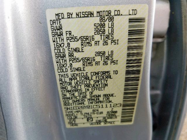 5N1ED28Y01C511123 - 2001 NISSAN XTERRA XE GRAY photo 10