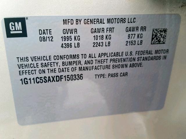 1G11C5SAXDF150336 - 2013 CHEVROLET MALIBU 1LT 金色 照片 10