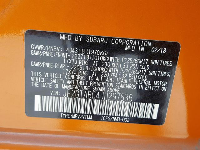 JF2GTABC4JH297636 - 2018 SUBARU CROSSTREK ORANGE photo 9