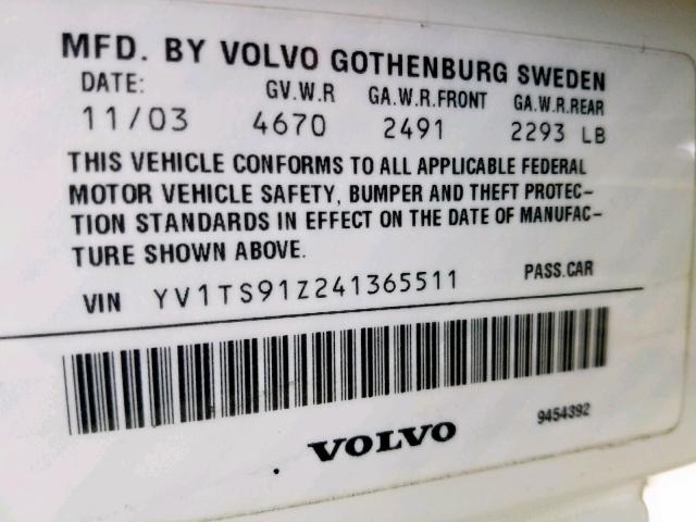 YV1TS91Z241365511 - 2004 VOLVO S80 T6 WHITE photo 10