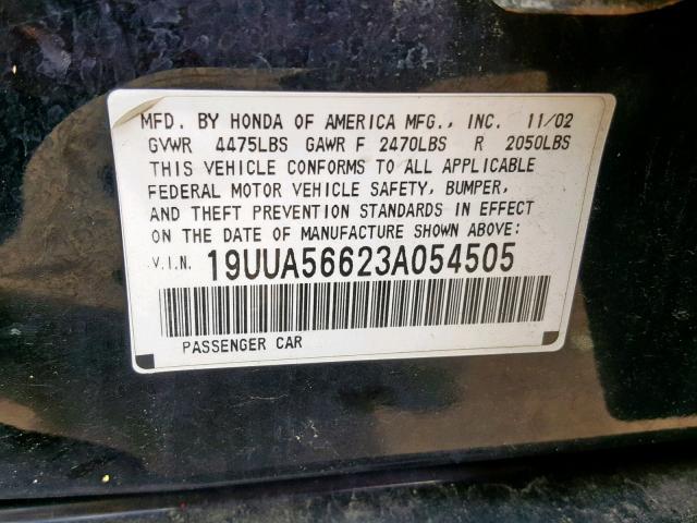 19UUA56623A054505 - 2003 ACURA 3.2TL BLACK photo 10