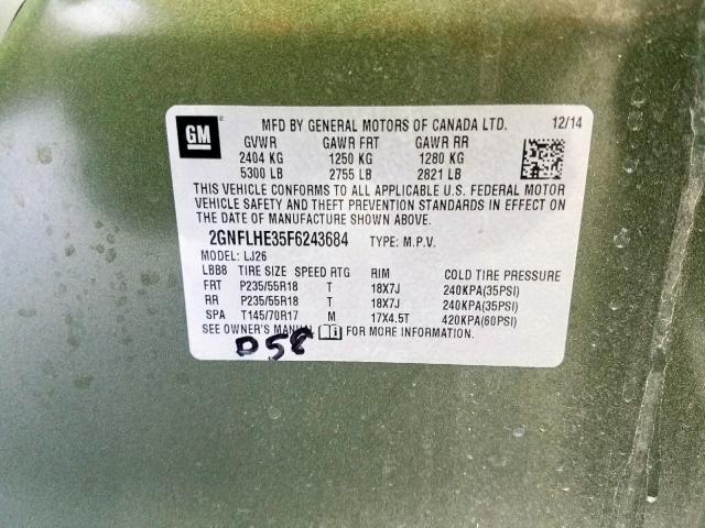 2GNFLHE35F6243684 - 2015 CHEVROLET EQUINOX LT GREEN photo 10