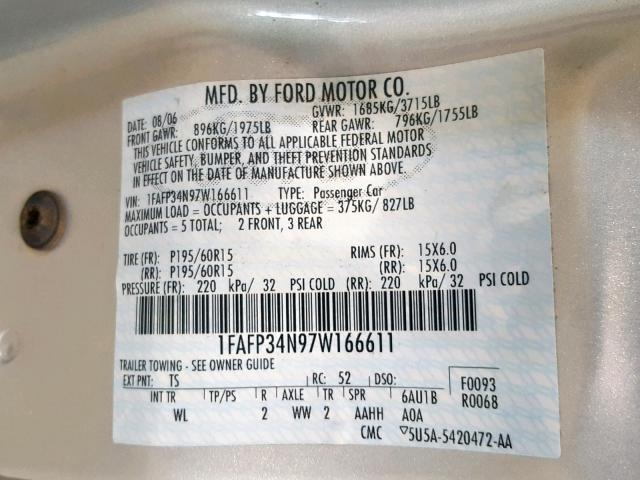 1FAFP34N97W166611 - 2007 FORD FOCUS ZX4 SILVER photo 10