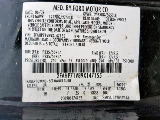 2FAHP71V89X147155 - 2009 FORD CROWN VICT BLACK photo 10