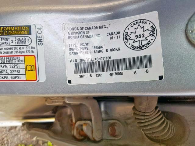 2HGFA1E6XBH011100 - 2011 HONDA CIVIC LX-S فضي صورة 9