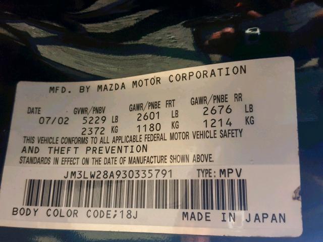 JM3LW28A930335791 - 2003 MAZDA MPV WAGON GREEN photo 10