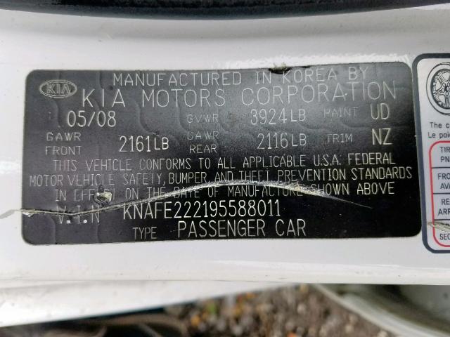 KNAFE222195588011 - 2009 KIA SPECTRA EX WHITE photo 10