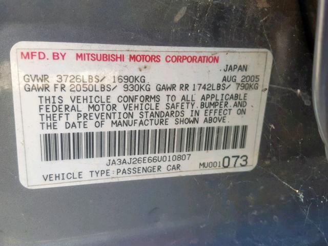 JA3AJ26E66U010807 - 2006 MITSUBISHI LANCER ES GRAY photo 10