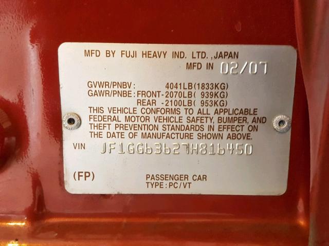 JF1GG63627H816450 - 2007 SUBARU IMPREZA OU RED photo 10